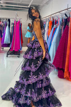 Load image into Gallery viewer, Luxurious A Line Spaghetti Straps Black Corset Prom Dress with Ruffles

