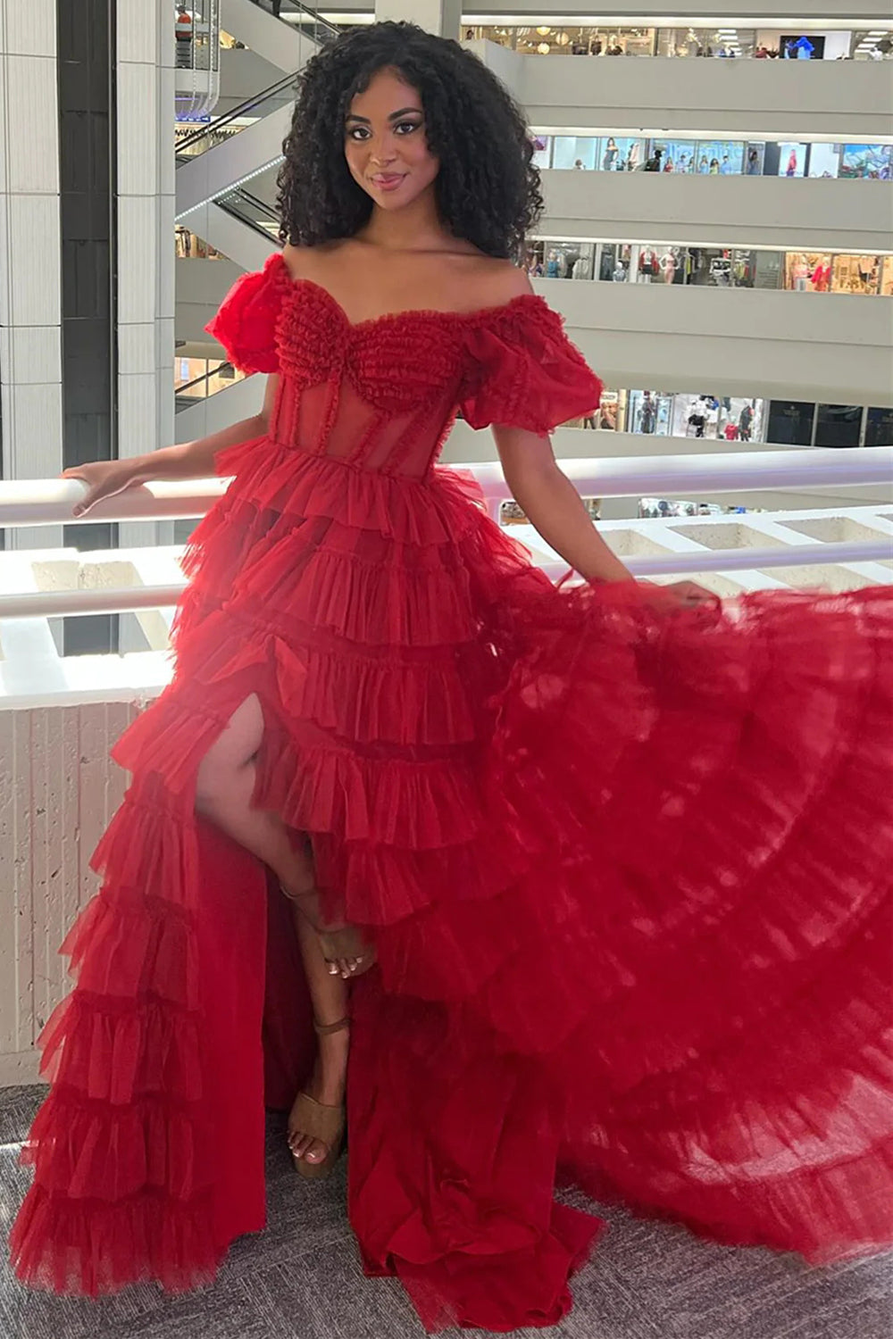 Luuvis Red Corset Prom Dress Charming A Line Off the Shoulder Formal