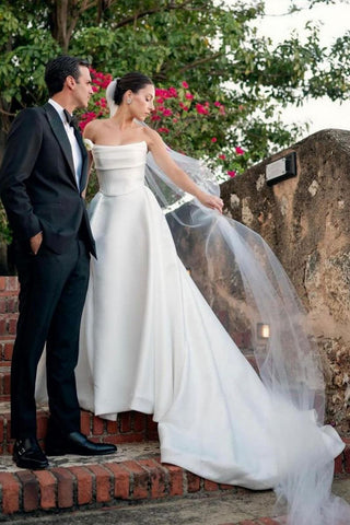 Charming A Line Strapless White Wedding Dress with Sweep Train