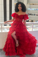Load image into Gallery viewer, Charming A Line Off the Shoulder Red Corset Prom Dress with Ruffles