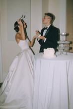 Load image into Gallery viewer, Simple A Line Strapless White Satin Wedding Dress with Sweep Train
