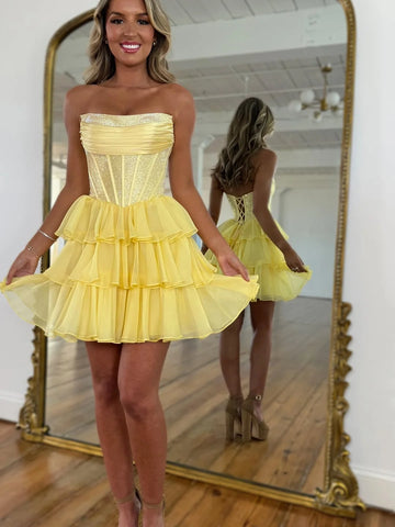 Cute A Line Strapless Yellow Corset Homecoming Dress with Ruffles Beading