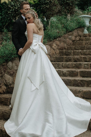 Elegant A Line Strapless White Satin Long Wedding Dress with Ruched