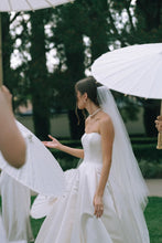 Load image into Gallery viewer, Simple A Line Strapless White Satin Wedding Dress with Sweep Train
