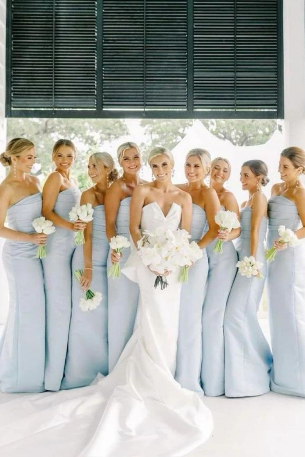 Elegant Mermaid Strapless Blue Long Bridesmaid Dress with Ruched