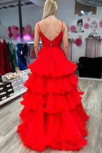 Load image into Gallery viewer, Gorgeous A Line Spaghetti Straos Red Long Prom Dress with Ruffles