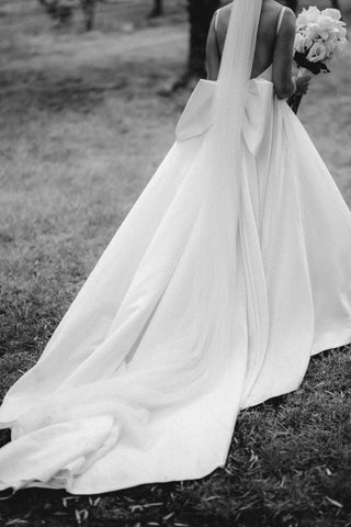 Simple A Line Spaghetti Straps White Wedding Dress with Bowknot