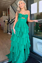 Load image into Gallery viewer, Cute Royal Blue A-Line Strapless Long Tiered Prom Dress with Slit
