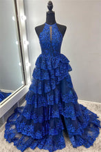 Load image into Gallery viewer, Gorgeous A Line Halter Neck Royal Blue Corset Prom Dress with Lace Ruffles
