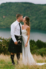 Load image into Gallery viewer, Simple Mermaid Spaghetti Straps White Satin Long Bridal Dress with Sweep Train
