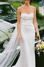 Load image into Gallery viewer, Simple Mermaid Spaghetti Straps White Satin Long Bridal Dress with Sweep Train
