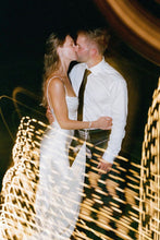 Load image into Gallery viewer, Simple Mermaid Spaghetti Straps White Satin Long Bridal Dress with Sweep Train
