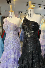 Load image into Gallery viewer, Sparkly Navy One Shoulder A-Line Sweep Train Tiered Prom Dress with Split

