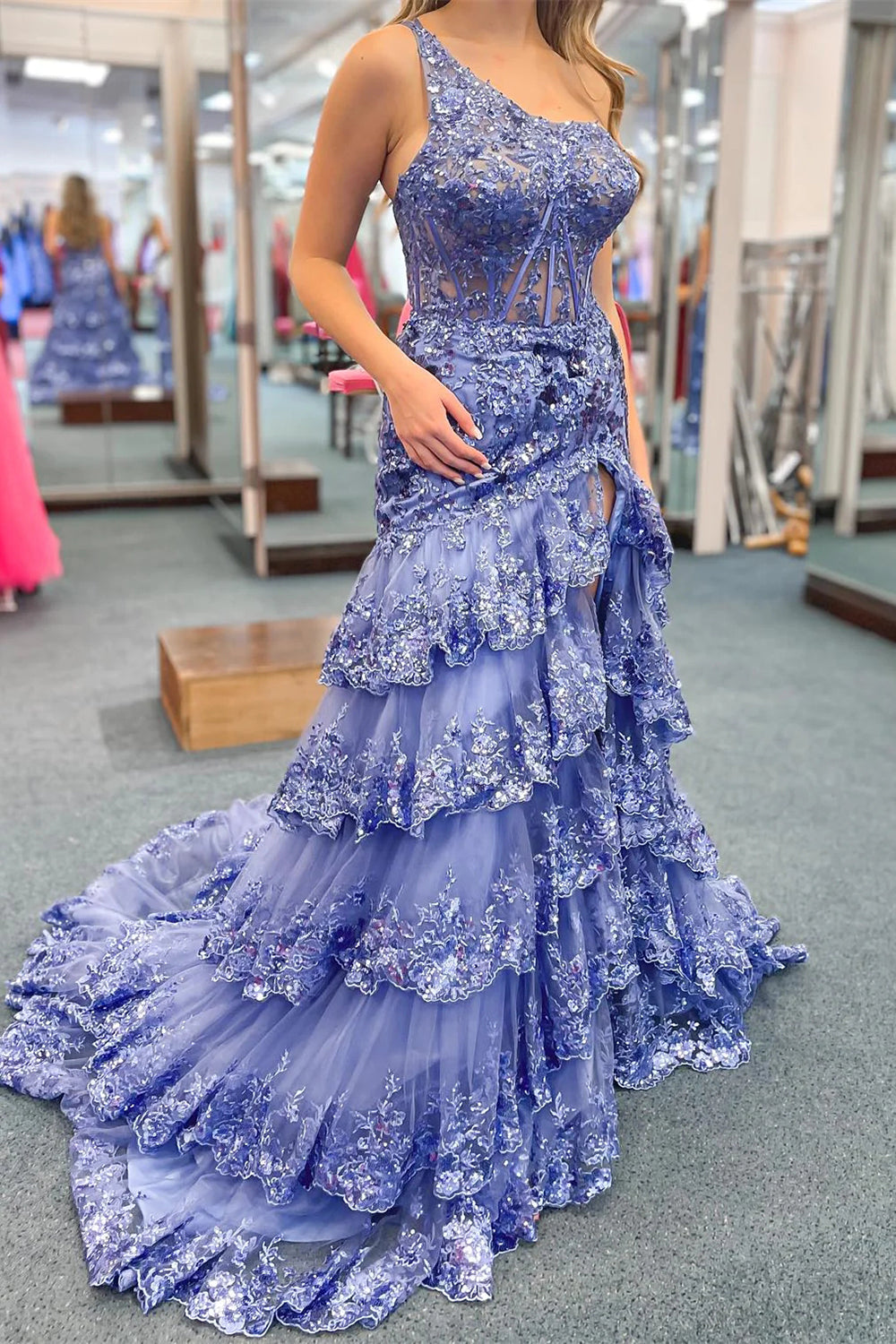 Luuvis Sparkly Navy One Shoulder A-Line Sweep Train Tiered Prom Dress with  Split