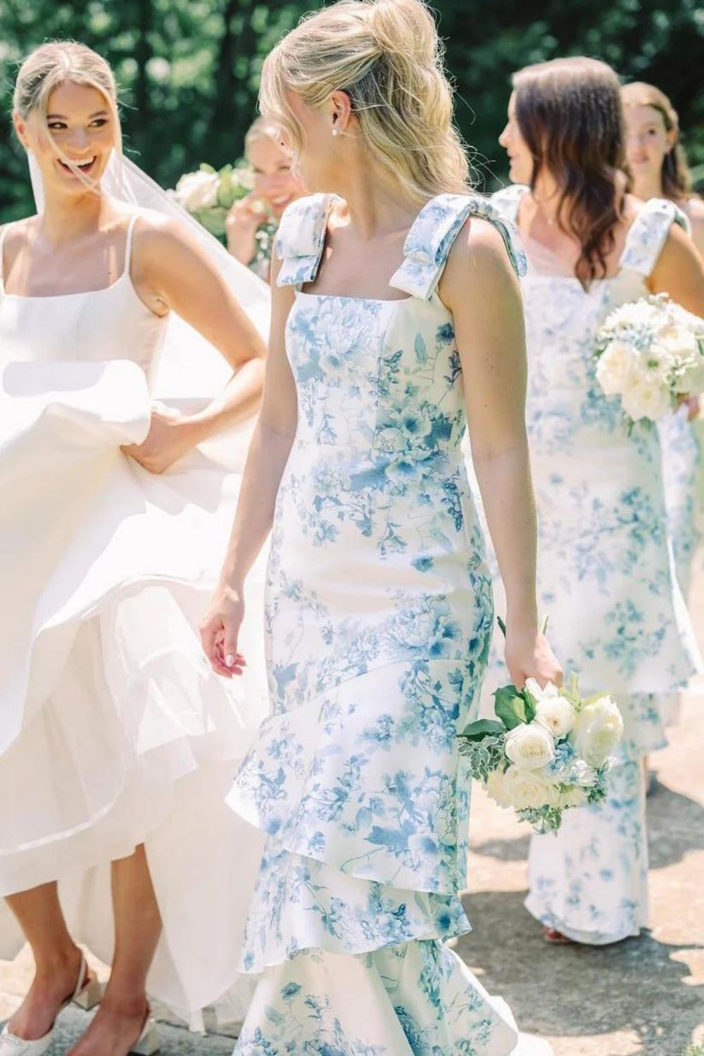 Gorgeous Sheath Square Neck Blue Floral Printed Long Bridesmaid Dress with Ruffles