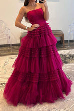 Load image into Gallery viewer, A Line Strapless Fuchsia Long Prom Dress with Ruffles
