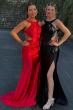 Load image into Gallery viewer, New Mermaid Halter Neck Red/Black Long Prom Dress with Keyhole
