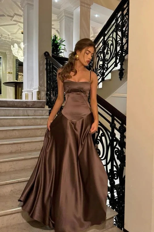 Luuvis Women Brown Party Dress Chic A Line Spaghetti Straps Formal
