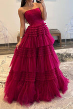 Load image into Gallery viewer, A Line Strapless Fuchsia Long Prom Dress with Ruffles
