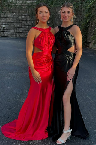 New Mermaid Halter Neck Red/Black Long Prom Dress with Keyhole