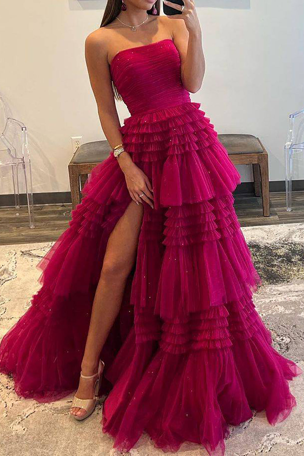 Luuvis Women Fuchsia Long Prom Dress A Line Strapless Formal Dress with Ruffles Luuvis Women Fuchsia Long Prom Dress A Line Strapless Formal Dress with Ruffles