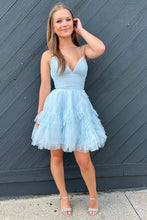 Load image into Gallery viewer, A Line Pink Tulle Short Homecoming Dress Spaghetti Straps with Ruffles