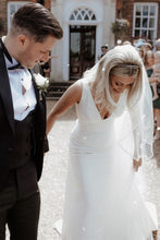 Load image into Gallery viewer, Simple Mermaid Deep V Neck White Satin Long Wedding Dress with Button Up
