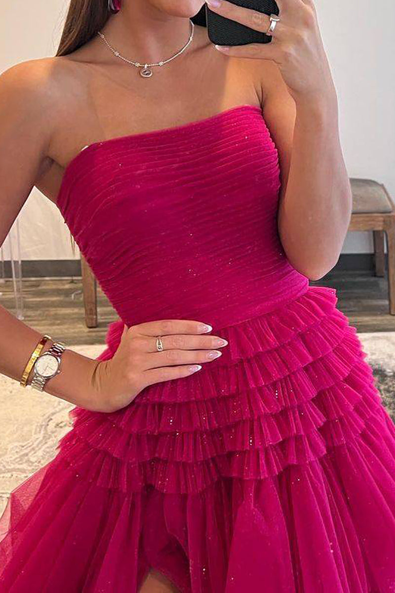 Fuchsia - A Line Strapless Chiffon Ruffled Long Formal Prom Dresses With Bow main image 0