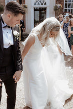 Load image into Gallery viewer, Simple Mermaid Deep V Neck White Satin Long Wedding Dress with Button Up
