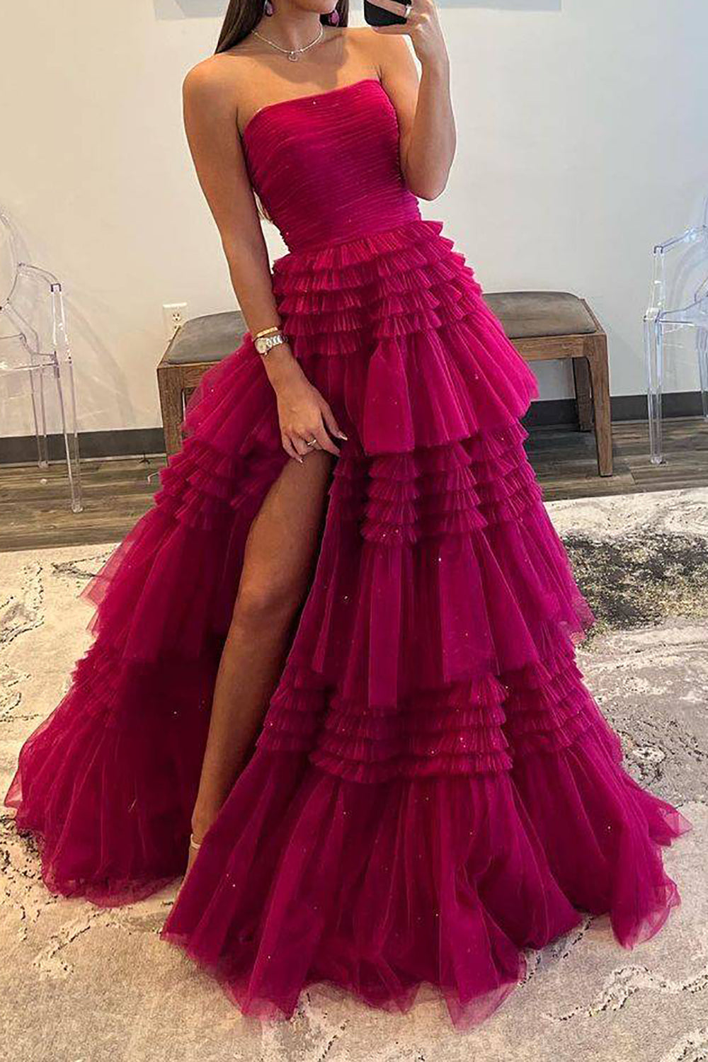 Luuvis Women Fuchsia Long Prom Dress A Line Strapless Formal Dress with Ruffles
