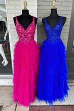 Load image into Gallery viewer, Gorgeous A Line V Neck Fuchsia/Royal Blue Long Prom Dress with Appliques