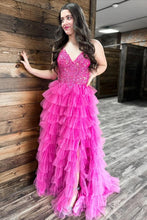 Load image into Gallery viewer, Gorgeous A Line V Neck Fuchsia/Royal Blue Long Prom Dress with Appliques
