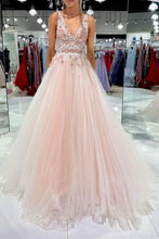 Load image into Gallery viewer, Charming A Line V Neck Blush Long Prom Dress with Appliques