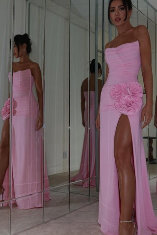 Hot Mermaid Strapless Pink Long Prom Dress with 3D Flowers Split Front
