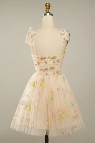 A Line Spaghetti Straps Champagne Short Homecoming Dress with Embroidery