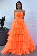 Load image into Gallery viewer, Stylish A Line Halter Neck Orange Long Prom Dress with Ruffles