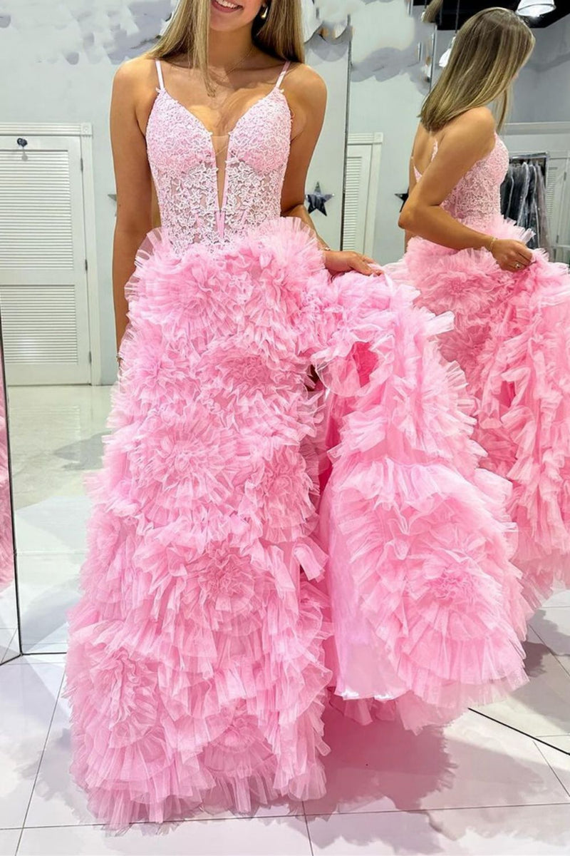 Pink A Line Corset Spaghetti Straps Ball Dress