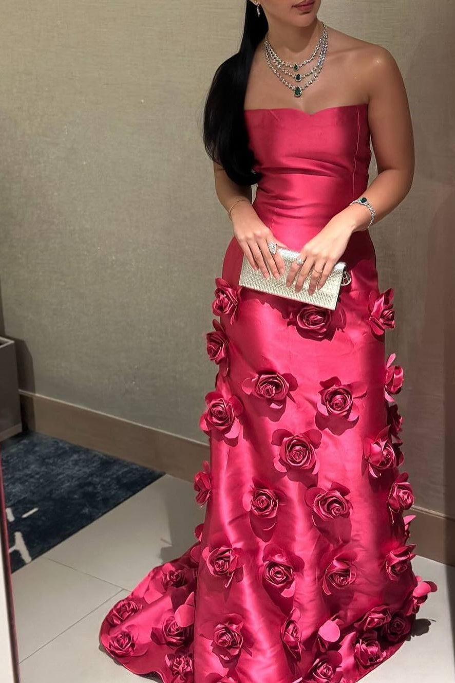 Charming A Line Strapless Red Long Party Dress with 3D Flowers