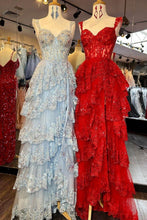 Load image into Gallery viewer, Princess A Line Sweetheart Silver Corset Prom Dress with Lace Ruffles
