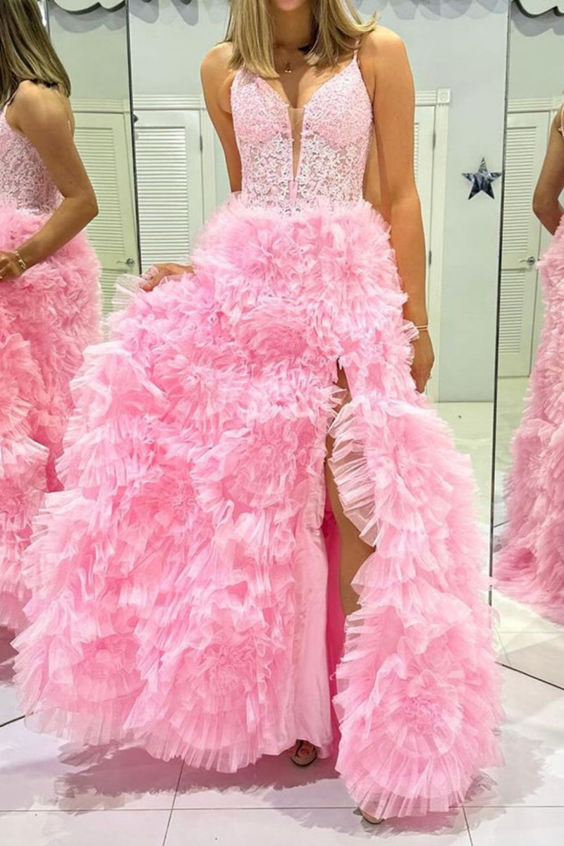 Luuvis Gorgeous A Line Spaghetti Straps Pink Corset Prom Dress with 3D