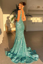 Load image into Gallery viewer, Sparkly Mermaid Deep V Neck Orange Sequins Long Prom Dress with Backless