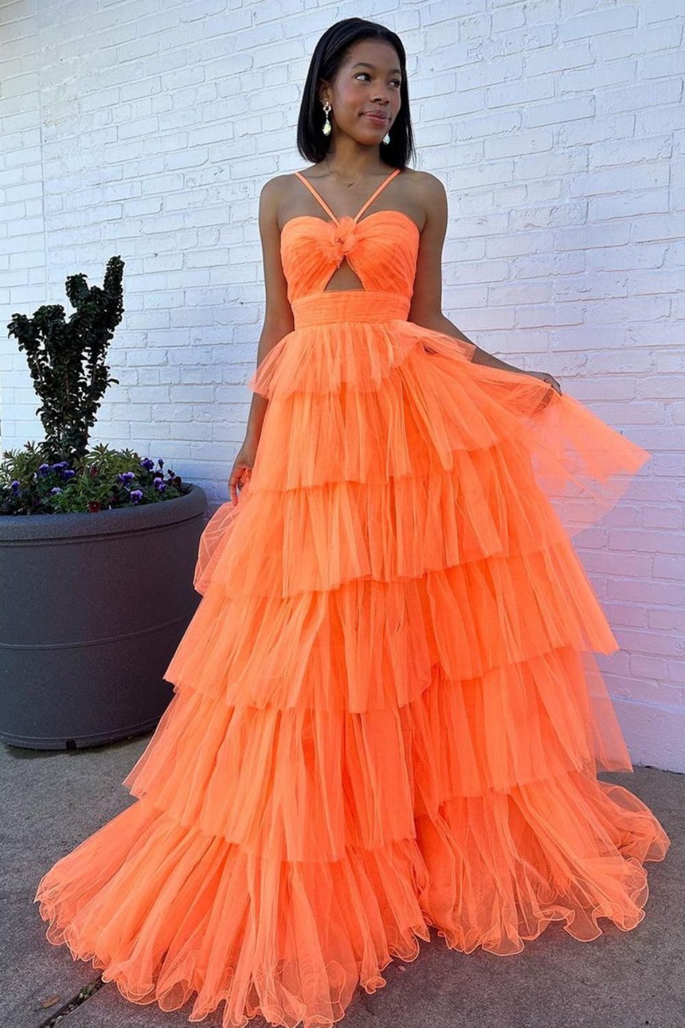 Luuvis Orange Long Prom Dress Stylish A Line Halter Neck Evening Dress