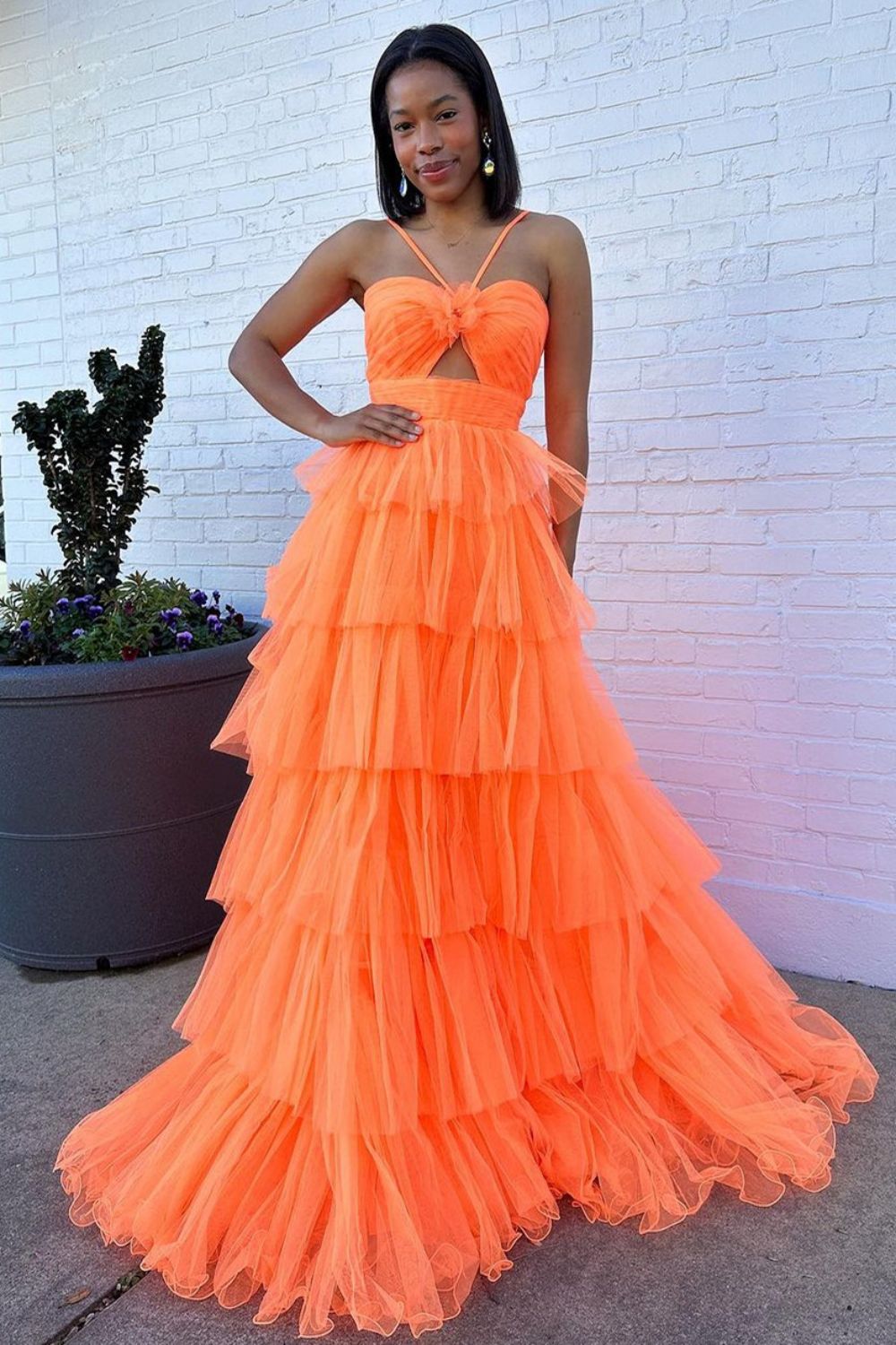 Luuvis Orange Long Prom Dress Stylish A Line Halter Neck Evening Dress
