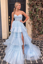 Load image into Gallery viewer, Princess A Line Sweetheart Fuchsia Corset Prom Dress with Appliques Ruffles
