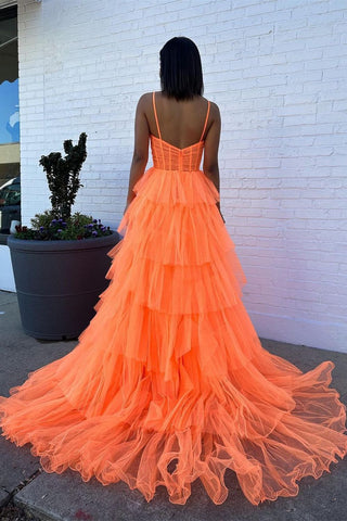 Stylish A Line Halter Neck Orange Long Prom Dress with Ruffles