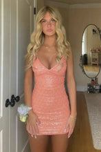 Load image into Gallery viewer, Fashionable Sheath Spaghetti Straps Light Blue Sequins Short Homecoming Dress