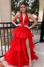 Load image into Gallery viewer, Lavender Glitter A-Line Halter Neck Open Back Long Ruffle Tulle Prom Dress
