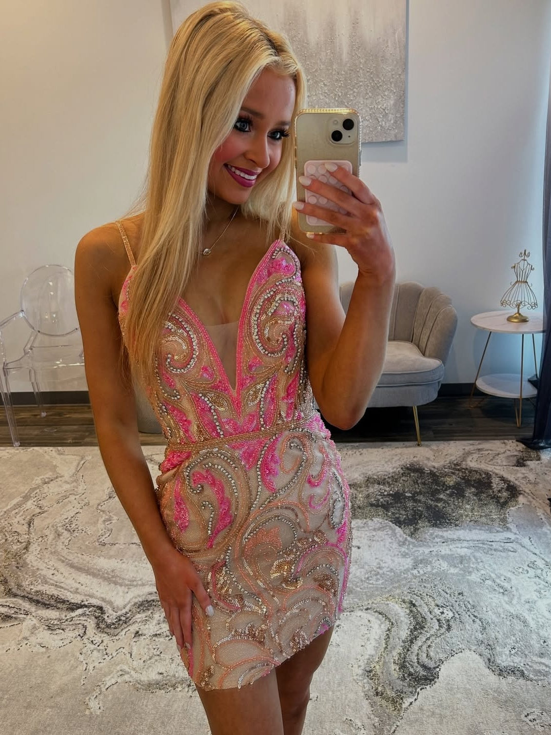 Trendy Sheath Spaghetti Straps Champagne Short Homecoming Dress with Beading