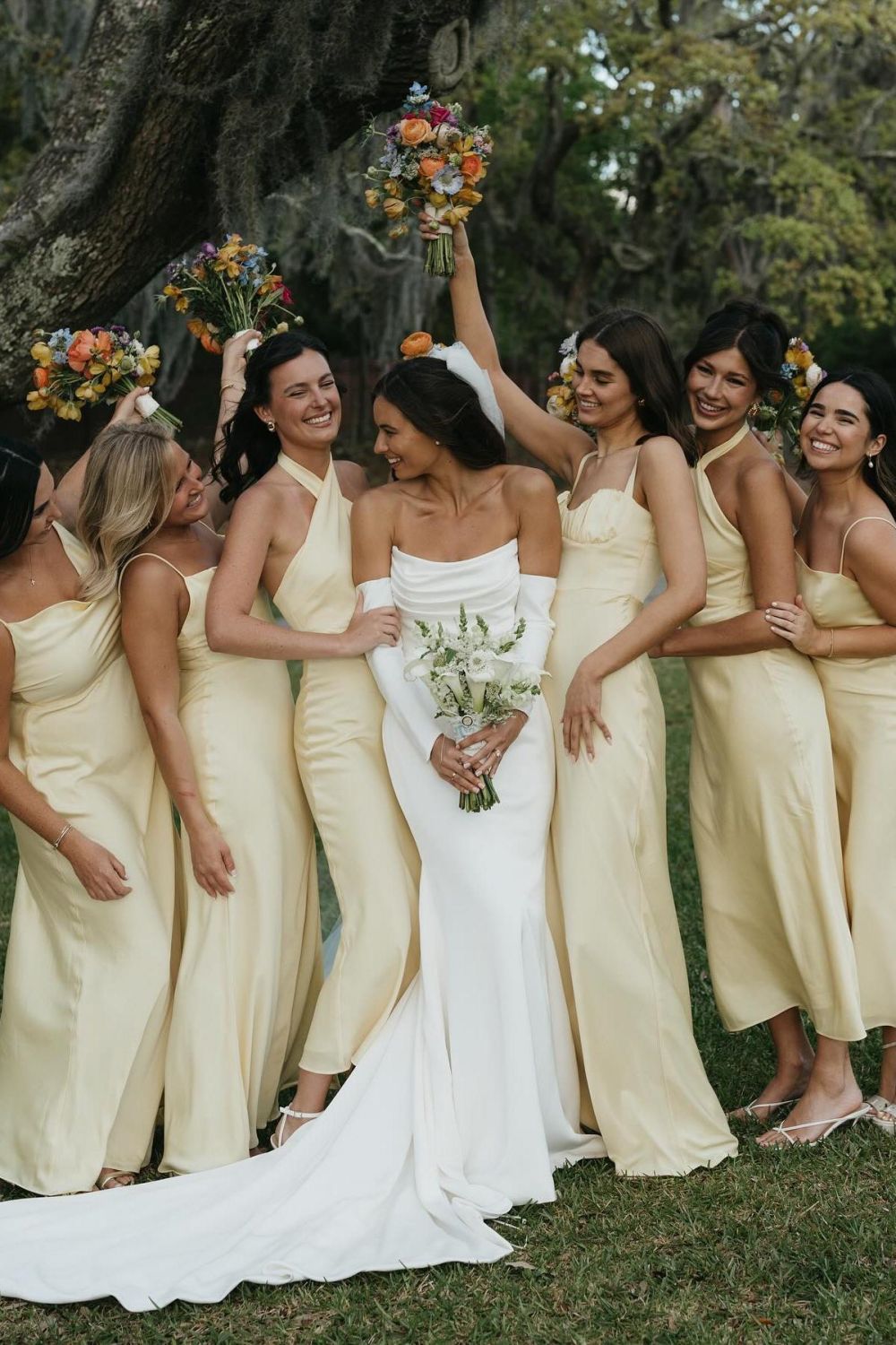 Luuvis Women Yellow Long Bridesmaid Dress Simple Sheath Spaghetti Straps/Halter Neck Bridal Party Dress