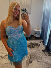 Load image into Gallery viewer, Sparkly Sheath Sweetheart Blue Sequins Short Homecoming Dress with Tassel
